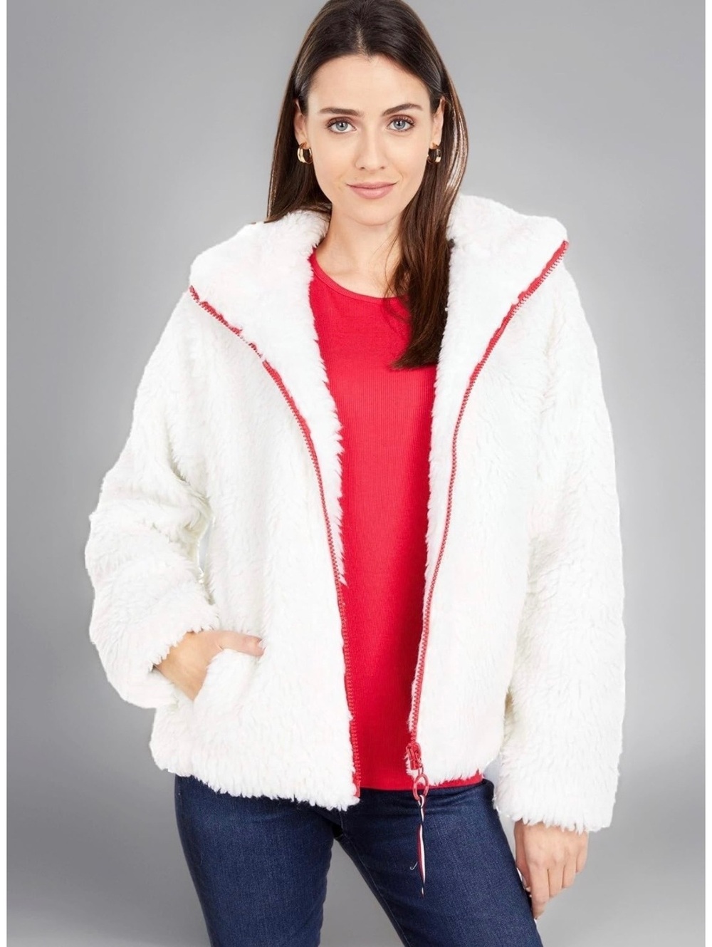 Tommy Hilfiger White Sherpa Fleece Full-Zip Jacket Size M